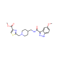 COC(=O)c1csc(CN2CCC(CNC(=O)c3n[nH]c4ccc(OC)cc34)CC2)n1 ZINC000220792638