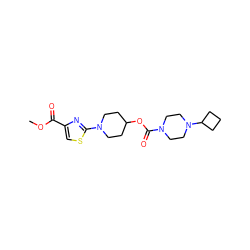 COC(=O)c1csc(N2CCC(OC(=O)N3CCN(C4CCC4)CC3)CC2)n1 ZINC000207234132