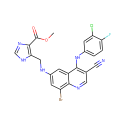 COC(=O)c1nc[nH]c1CNc1cc(Br)c2ncc(C#N)c(Nc3ccc(F)c(Cl)c3)c2c1 ZINC000014977453