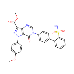 COC(=O)c1nn(-c2ccc(OC)cc2)c2c(=O)n(-c3ccc(-c4ccccc4S(N)(=O)=O)cc3)cnc12 ZINC000014950479