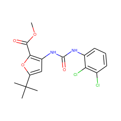 COC(=O)c1oc(C(C)(C)C)cc1NC(=O)Nc1cccc(Cl)c1Cl ZINC000028219918