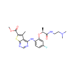 COC(=O)c1sc2ncnc(Nc3ccc(F)cc3O[C@@H](C)C(=O)NCCN(C)C)c2c1C ZINC000118821261