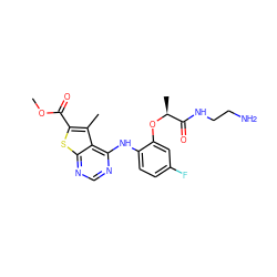 COC(=O)c1sc2ncnc(Nc3ccc(F)cc3O[C@@H](C)C(=O)NCCN)c2c1C ZINC000118821223