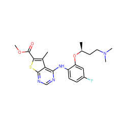 COC(=O)c1sc2ncnc(Nc3ccc(F)cc3O[C@@H](C)CCN(C)C)c2c1C ZINC000169708357