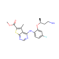 COC(=O)c1sc2ncnc(Nc3ccc(F)cc3O[C@@H](C)CCN)c2c1C ZINC000118737283