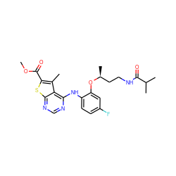 COC(=O)c1sc2ncnc(Nc3ccc(F)cc3O[C@@H](C)CCNC(=O)C(C)C)c2c1C ZINC000118820024