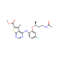 COC(=O)c1sc2ncnc(Nc3ccc(F)cc3O[C@@H](C)CCNC(C)=O)c2c1C ZINC000118828048