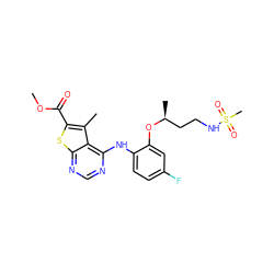 COC(=O)c1sc2ncnc(Nc3ccc(F)cc3O[C@@H](C)CCNS(C)(=O)=O)c2c1C ZINC000118736879