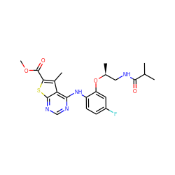 COC(=O)c1sc2ncnc(Nc3ccc(F)cc3O[C@@H](C)CNC(=O)C(C)C)c2c1C ZINC000118829108