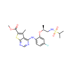 COC(=O)c1sc2ncnc(Nc3ccc(F)cc3O[C@@H](C)CNS(=O)(=O)C(C)C)c2c1C ZINC000118819441