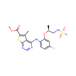 COC(=O)c1sc2ncnc(Nc3ccc(F)cc3O[C@@H](C)CNS(C)(=O)=O)c2c1C ZINC000118737888