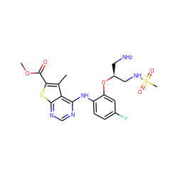 COC(=O)c1sc2ncnc(Nc3ccc(F)cc3O[C@@H](CN)CNS(C)(=O)=O)c2c1C ZINC000118824446