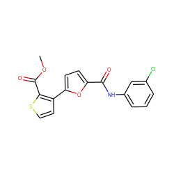 COC(=O)c1sccc1-c1ccc(C(=O)Nc2cccc(Cl)c2)o1 ZINC000004039002