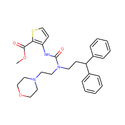 COC(=O)c1sccc1NC(=O)N(CCC(c1ccccc1)c1ccccc1)CCN1CCOCC1 ZINC000096258228