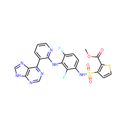 COC(=O)c1sccc1S(=O)(=O)Nc1ccc(F)c(Nc2ncccc2-c2ncnc3[nH]cnc23)c1F ZINC000166373575