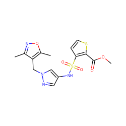 COC(=O)c1sccc1S(=O)(=O)Nc1cnn(Cc2c(C)noc2C)c1 ZINC000033423505
