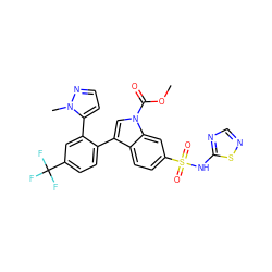 COC(=O)n1cc(-c2ccc(C(F)(F)F)cc2-c2ccnn2C)c2ccc(S(=O)(=O)Nc3ncns3)cc21 ZINC000205427427