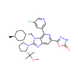 COC(C)(C)[C@@H]1CCCN1c1nc2cc(-c3n[nH]c(=O)o3)nc(-c3cncc(Cl)c3)c2n1C[C@H]1CC[C@H](C)CC1 ZINC000261082599