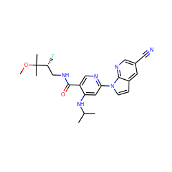COC(C)(C)[C@H](F)CNC(=O)c1cnc(-n2ccc3cc(C#N)cnc32)cc1NC(C)C ZINC001772611807