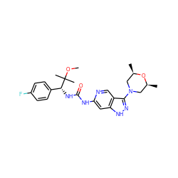 COC(C)(C)[C@H](NC(=O)Nc1cc2[nH]nc(N3C[C@H](C)O[C@H](C)C3)c2cn1)c1ccc(F)cc1 ZINC001772597928