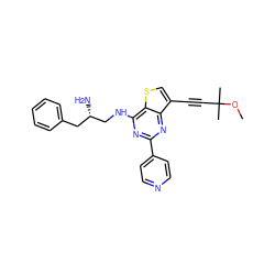 COC(C)(C)C#Cc1csc2c(NC[C@@H](N)Cc3ccccc3)nc(-c3ccncc3)nc12 ZINC000223694275