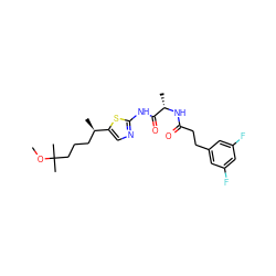 COC(C)(C)CCC[C@@H](C)c1cnc(NC(=O)[C@H](C)NC(=O)CCc2cc(F)cc(F)c2)s1 ZINC000028827359