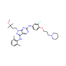 COC(C)(C)CCn1nc(Nc2c(C)cccc2C)c2cnc(Nc3ccc(OCCCN4CCCCC4)c(F)c3)nc21 ZINC000044351171