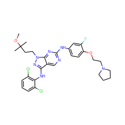 COC(C)(C)CCn1nc(Nc2c(Cl)cccc2Cl)c2cnc(Nc3ccc(OCCN4CCCC4)c(F)c3)nc21 ZINC000042806095