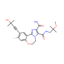 COC(C)(C)CNC(=O)c1c(C(N)=O)nc2n1CCOc1cc(F)c(C#CC(C)(C)O)cc1-2 ZINC000215744302