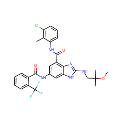 COC(C)(C)CNc1nc2c(C(=O)Nc3cccc(Cl)c3C)cc(NC(=O)c3ccccc3C(F)(F)F)cc2[nH]1 ZINC000205653949