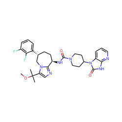 COC(C)(C)c1cnc2n1C[C@H](c1cccc(F)c1F)CC[C@H]2NC(=O)N1CCC(n2c(=O)[nH]c3ncccc32)CC1 ZINC000071334515