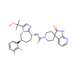COC(C)(C)c1cnc2n1C[C@H](c1cccc(F)c1F)CC[C@H]2NC(=O)N1CCC2(CC1)C(=O)Nc1ncccc12 ZINC000071341861