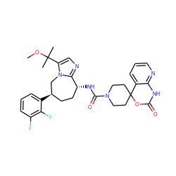 COC(C)(C)c1cnc2n1C[C@H](c1cccc(F)c1F)CC[C@H]2NC(=O)N1CCC2(CC1)OC(=O)Nc1ncccc12 ZINC000068105960