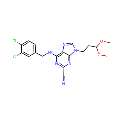 COC(CCn1cnc2c(NCc3ccc(Cl)c(Cl)c3)nc(C#N)nc21)OC ZINC000014977907