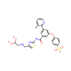 COC(CNCc1csc(NC(=O)c2cc(Oc3ccc(S(C)(=O)=O)cc3)cc(-c3ncccc3C)c2)n1)OC ZINC000169306758