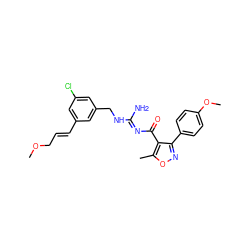 COC/C=C/c1cc(Cl)cc(CN/C(N)=N/C(=O)c2c(-c3ccc(OC)cc3)noc2C)c1 ZINC000095577019