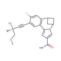 COC[C@@](C)(O)C#Cc1cc2c(cc1F)C1CC(C1)n1cc(C(N)=O)nc1-2 ZINC000219445887