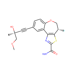 COC[C@@](C)(O)C#Cc1ccc2c(c1)-c1nc(C(N)=O)sc1[C@@H](F)CO2 ZINC000219492171