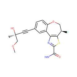 COC[C@@](C)(O)C#Cc1ccc2c(c1)-c1nc(C(N)=O)sc1[C@H](F)CO2 ZINC000219447121