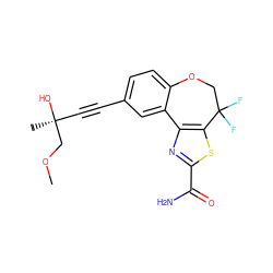 COC[C@@](C)(O)C#Cc1ccc2c(c1)-c1nc(C(N)=O)sc1C(F)(F)CO2 ZINC000219470044