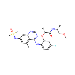 COC[C@@H](C)NC(=O)[C@@H](C)Oc1cc(F)ccc1Nc1ncnc2cc(N=S(C)(C)=O)cc(C)c12 ZINC001772581078