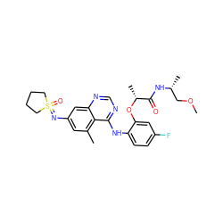 COC[C@@H](C)NC(=O)[C@@H](C)Oc1cc(F)ccc1Nc1ncnc2cc(N=S3(=O)CCCC3)cc(C)c12 ZINC001772570582