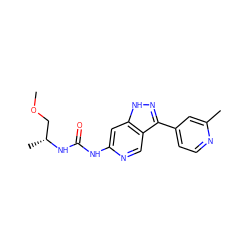 COC[C@@H](C)NC(=O)Nc1cc2[nH]nc(-c3ccnc(C)c3)c2cn1 ZINC000261186316