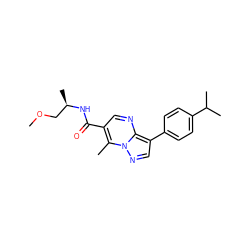 COC[C@@H](C)NC(=O)c1cnc2c(-c3ccc(C(C)C)cc3)cnn2c1C ZINC000023304563