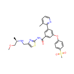 COC[C@@H](C)NCc1csc(NC(=O)c2cc(Oc3ccc(S(C)(=O)=O)cc3)cc(-c3ncccc3C)c2)n1 ZINC000169306756