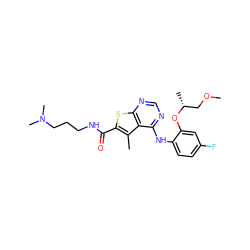 COC[C@@H](C)Oc1cc(F)ccc1Nc1ncnc2sc(C(=O)NCCCN(C)C)c(C)c12 ZINC000169686680