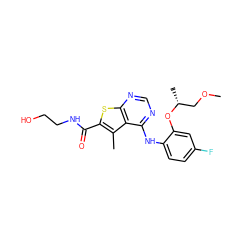 COC[C@@H](C)Oc1cc(F)ccc1Nc1ncnc2sc(C(=O)NCCO)c(C)c12 ZINC000169686682