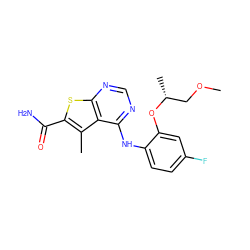 COC[C@@H](C)Oc1cc(F)ccc1Nc1ncnc2sc(C(N)=O)c(C)c12 ZINC000169686686