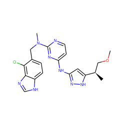 COC[C@@H](C)c1cc(Nc2ccnc(N(C)Cc3ccc4[nH]cnc4c3Cl)n2)n[nH]1 ZINC000220658670