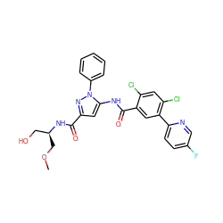 COC[C@@H](CO)NC(=O)c1cc(NC(=O)c2cc(-c3ccc(F)cn3)c(Cl)cc2Cl)n(-c2ccccc2)n1 ZINC001772627186